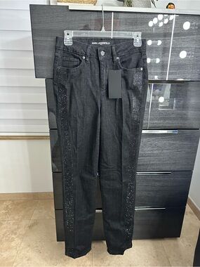 Karl Lagerfeld Black Straight Leg Jeans with Sparkle Side Stripes